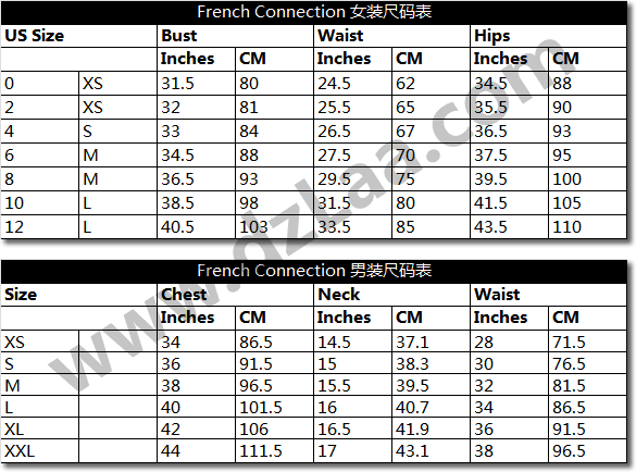 French Connection尺码表,FCUK尺码表