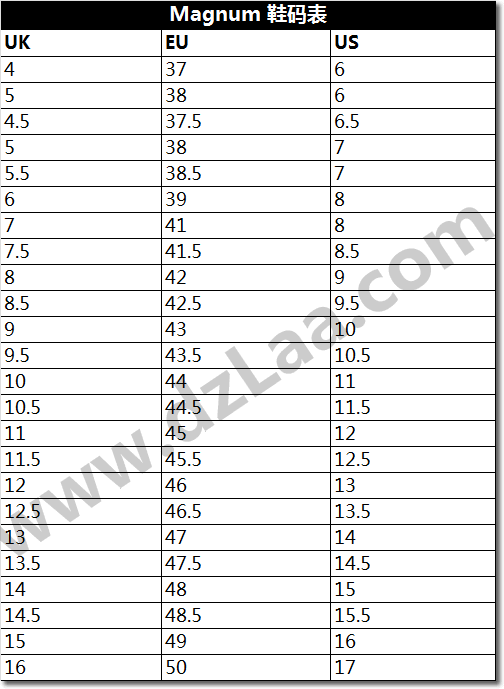 Magnum鞋码表