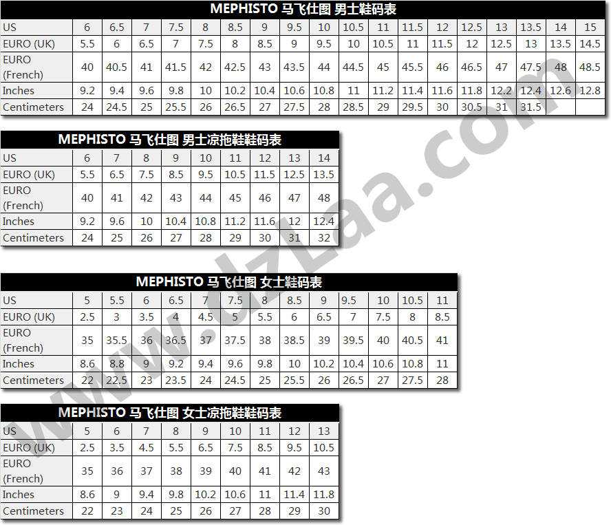 Mephisto鞋码表,马飞仕图鞋码表