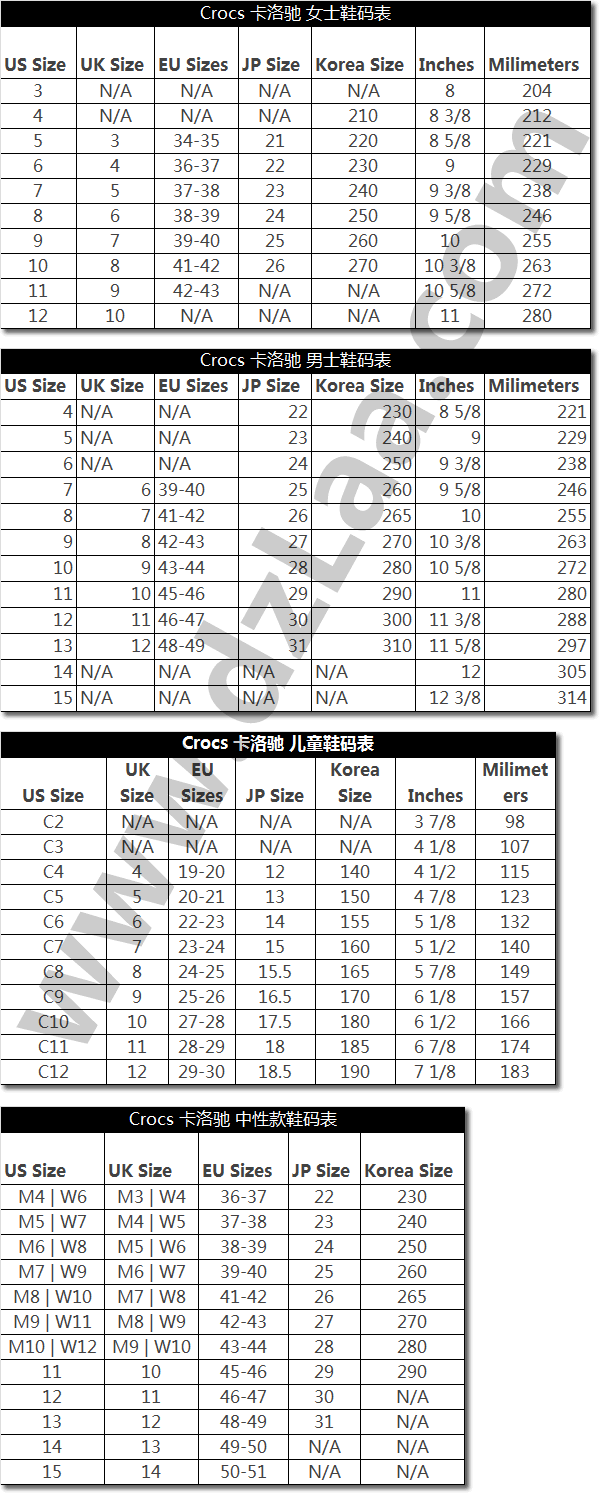 CROCS鞋码表,卡骆驰鞋码表